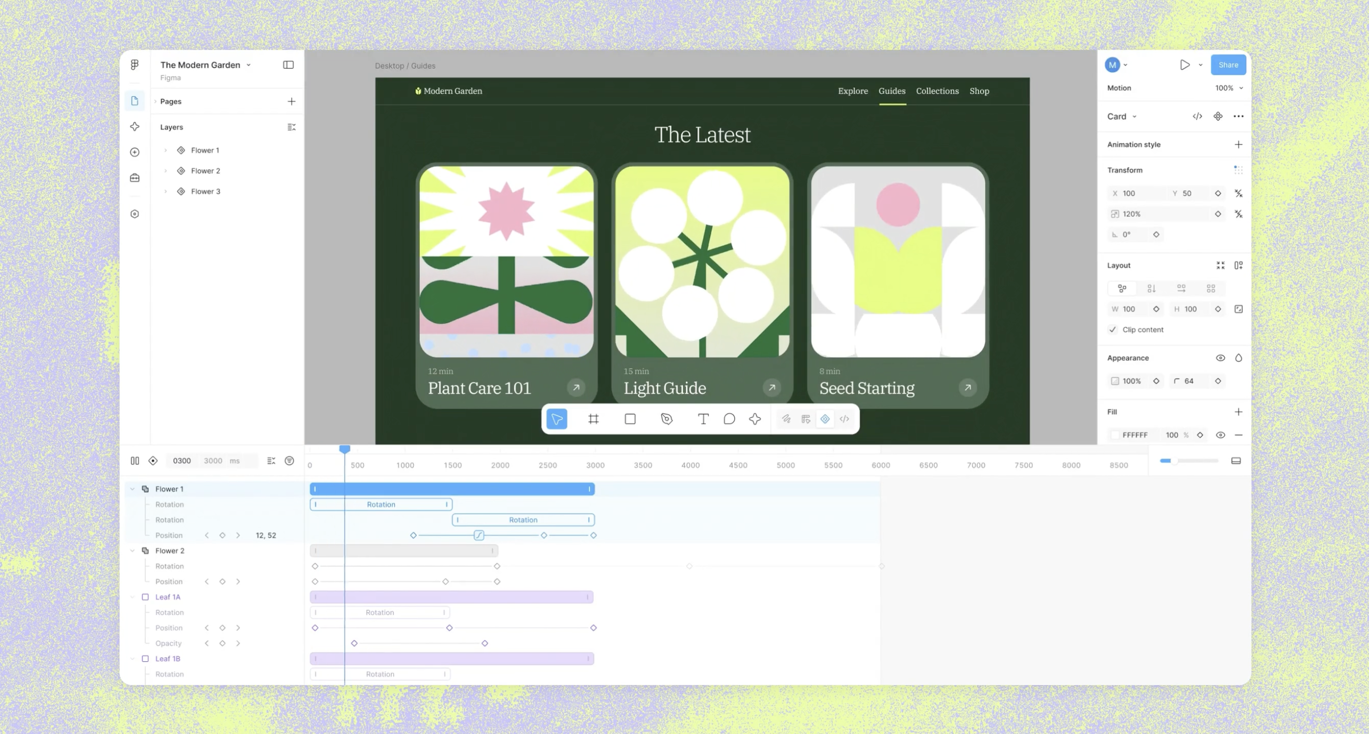 Figma Motion interface with animation timelines and UI cards
